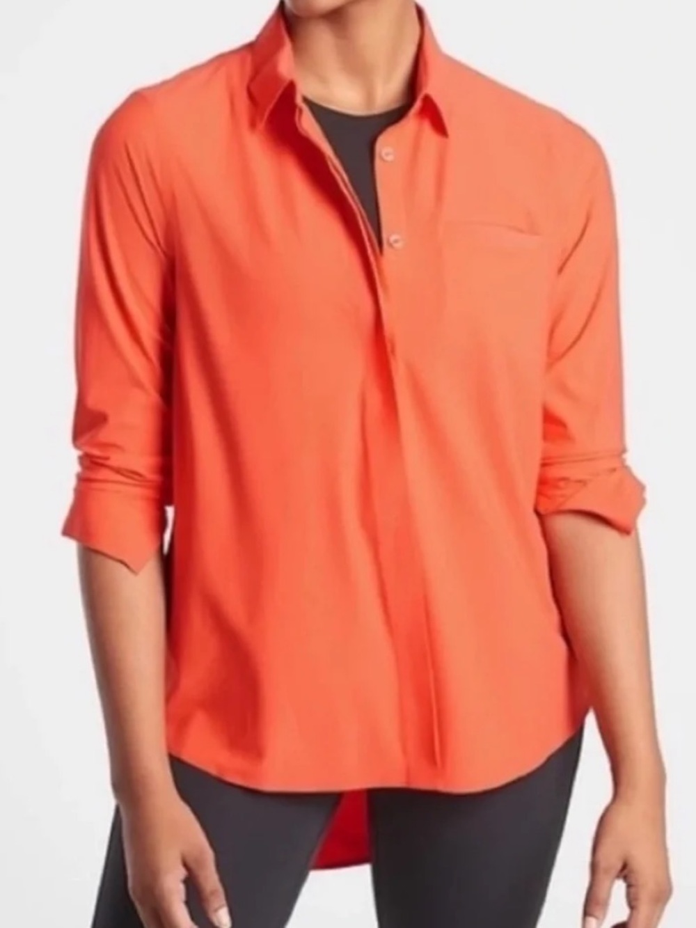 Athleta Orange Long-Sleeve High Low Button-Down Shirt